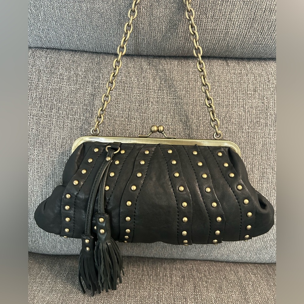 Saks Fifth Ave Black Studded Clutch/Shoulder Bag with Chain